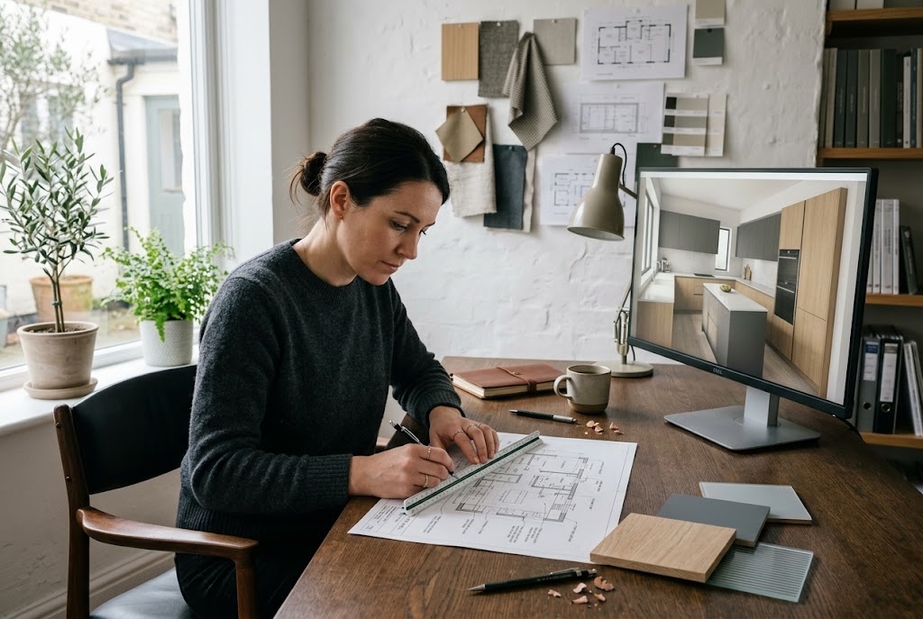 A LuxA designer drawing a kitchen layout on a floor plan, with the rendering on screen and finish samples on the desk